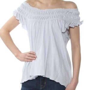 Free People Smocked Off Shoulder Ruffled Sleeve Top Sz M Lt. Blue Rayon Knit NEW